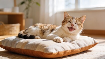 A smiling cat lying on a plush cushion in a bright room with warm tones and a serene mood.