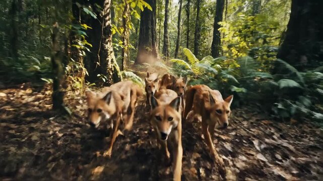 Dhole Pack Hunting in a Dense Forest