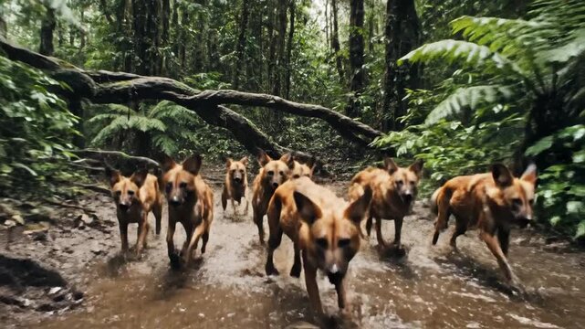 Dholes Running Through a Lush Jungle Undergrowth