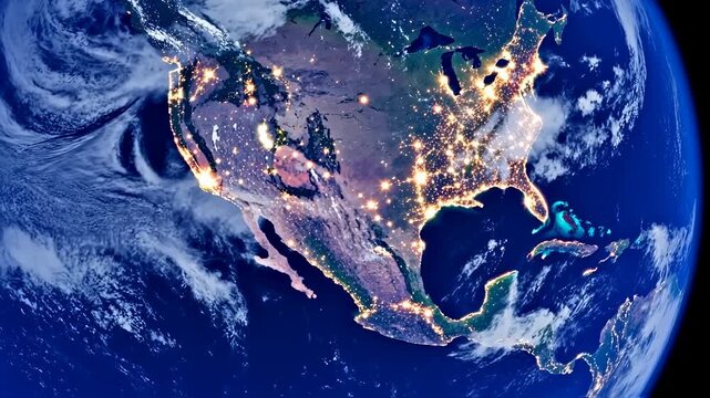 Aerial view of North America at dusk with city lights illuminating the landscape in a vertical video format
