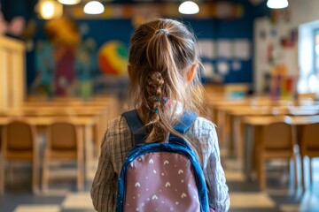 Back view of a girl kid entering the classroom with his backpack.