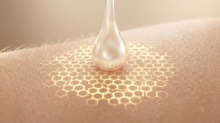 Serum drop landing on healthy skin, creating a protective honeycomb barrier, illustrating dermal hydration, anti aging benefits, and cosmetic skin care product effectiveness