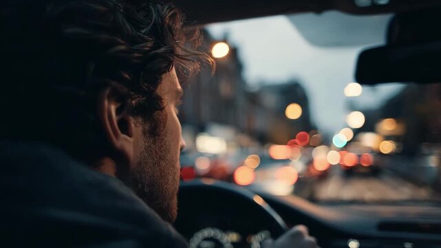 Medium shot of a learner driving cautiously through a crowded urban area as twilight fades focus on the drivers concentrated face with blurred vehicle interiors and exterior lights