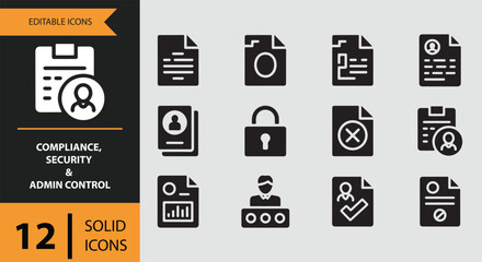 Compliance, security, and admin control solid icons set for digital management