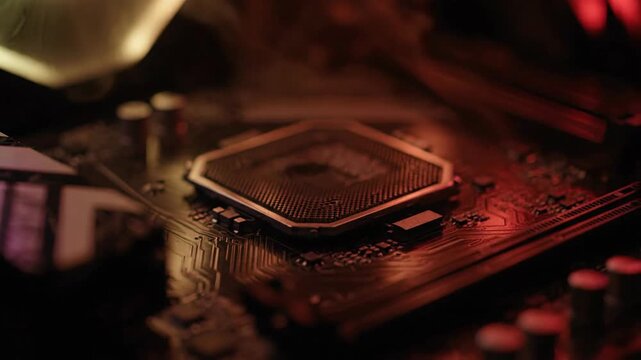Close-up of computer motherboard CPU socket highlighting technology, electronics and circuit board details.