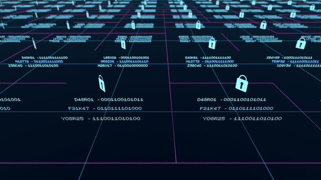 Information processing, complex data network, secure encrypted data in process, data protection. Locked binary code data blocks, big data, safety, technology, security software, firewall. 