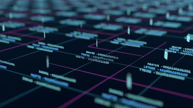 Close up data grid, information processing, network, secure encrypted data in process, data protection. Locked binary code data blocks, big data, safety, technology, security software, firewall. 