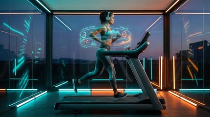 Woman running on a modern treadmill in a high tech gym with large windows, tracking her performance data and heart rate through an augmented reality interface surrounding her while working out