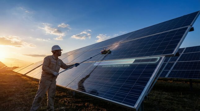 Worker performing maintenance by cleaning solar panels at the solar farm, with a digital overlay indicating cleaning progress, highlighting efficiency and sustainable energy