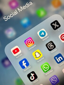 social media network logo closeup. social media network apps closeup.  facebook, youtube, x, instagram,telegram,snapchat, pinterest, threads, tiktok, whatsapp, linkedin, viber logo