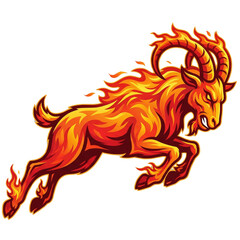Fierce fiery goat with blazing horns and mane in dynamic pose