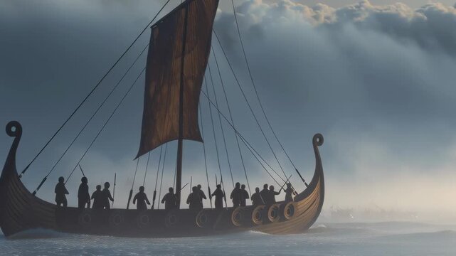 Viking longship sailing through misty sea with armed warriors on board, symbolizing exploration, battle readiness, and ancient Nordic seafaring.