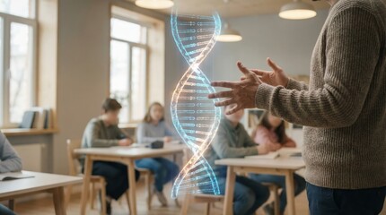 Educator actively teaching a group of students, explaining the double helix genetic code using a futuristic augmented reality projection of a glowing dna molecule in a modern classroom setting