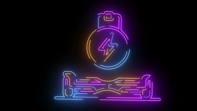 Neon Outline of Hoverboard with Battery and Lightning Bolt on Black self-balancing scooter electric