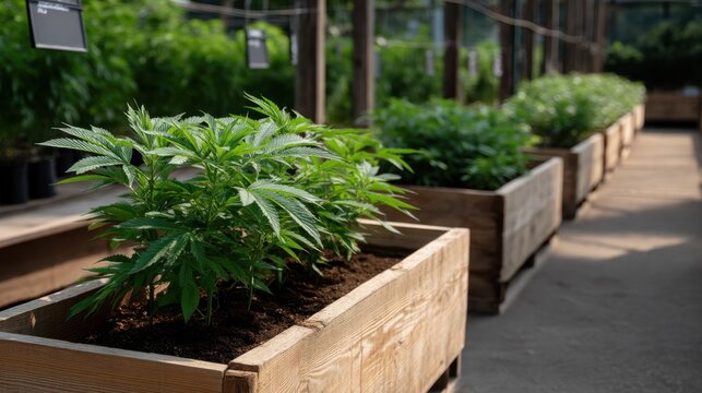Rows of Maturing Cannabis Plants on Raised Beds in Urban Greenhouse Environment