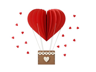 A heart-shaped hot air balloon floats gently on transparent background