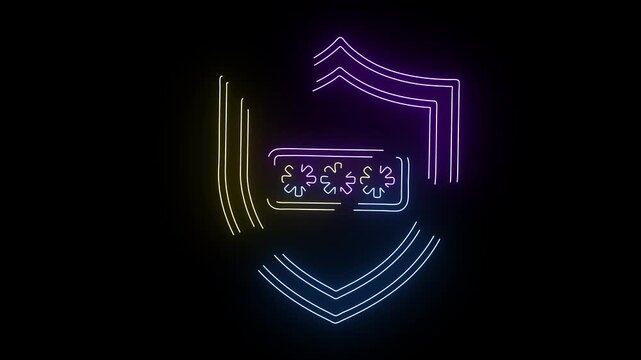 Neon outline of a shield with asterisks inside on black background security protection