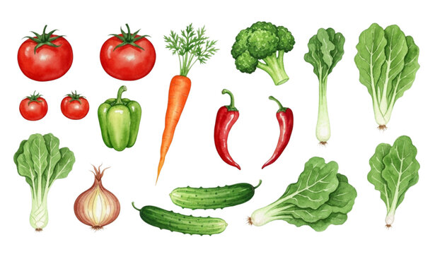 Watercolor vegetable set with hand painted fresh food illustrations isolated on white