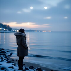 woman standing at the sea in winter 