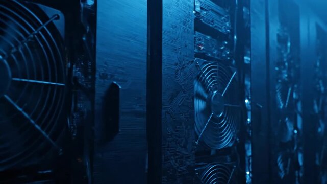 Close-up server room data center with cooling fan for technology and data storage infrastructure. Cloud computing data and cybersecurity.