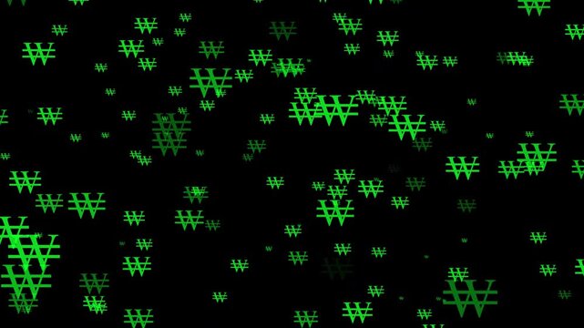 Green South Korean Won Currency Symbols Scattered on a black Background money finance