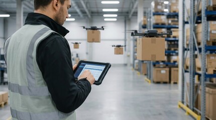 Logistics worker in high visibility vest uses digital tablet to control autonomous drones and manage packages in a smart warehouse, demonstrating automated supply chain efficiency