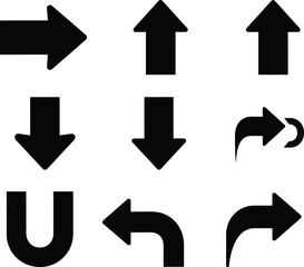 Collection of various black arrows pointing in different directions on a plain white background viewed from a straightforward perspective