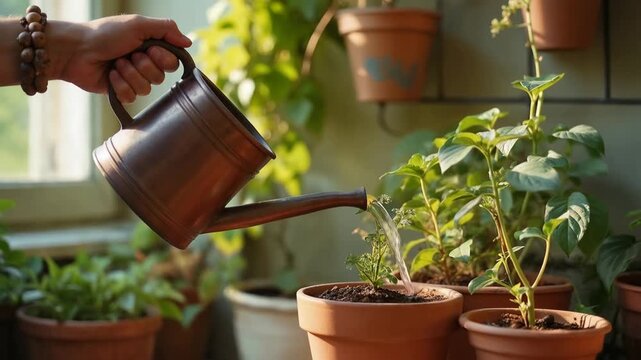Close-up of a hand watering a young plant in a terracotta pot with a copper can. Person caring for a seedling in a sunny greenhouse. Gardening and growth concept