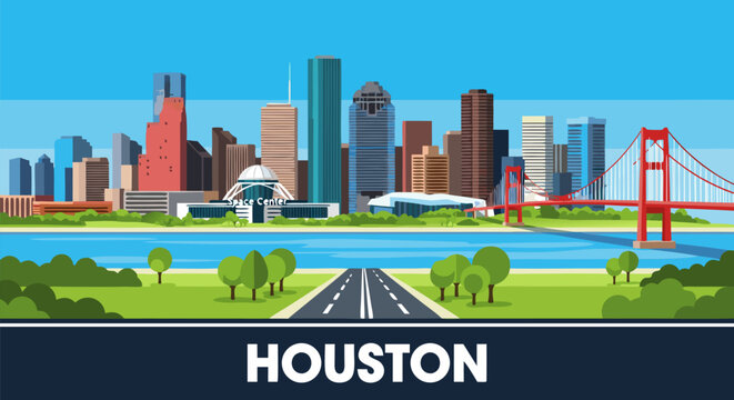 Vibrant vector illustration of the Houston skyline with a bridge and cityscape, perfect for travel and urban themes