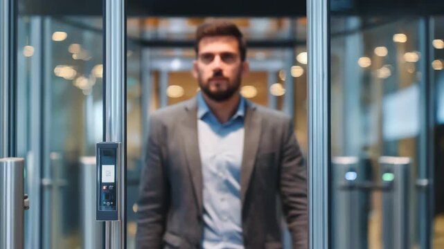 Security guard visually inspecting a controlled access vestibule with transparent partitions and advanced card reader equipment the background intentionally out of focus.