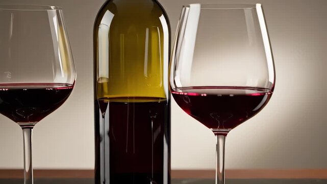 Bottle of red wine with two filled glasses on a black marble table. Slow camera push in on an elegant alcoholic beverage arrangement. Romantic dinner and celebration concept