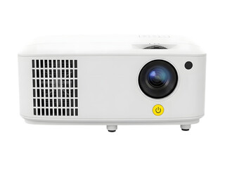 A white projector with a black lens on a transparent background