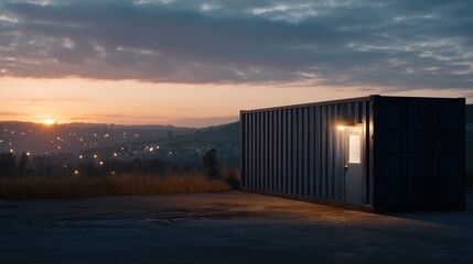 Obraz premium Sunset Over Isolated Shipping Container Setup in Dry Field with Weightlifting Equipment Nearby
