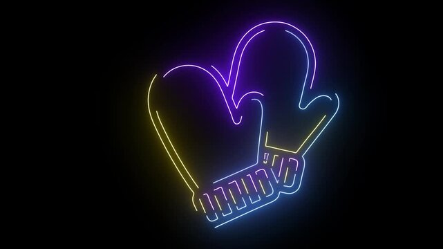 Neon mitten with heart shape purple blue and yellow light on black background glove winter