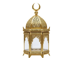 A gold lantern with a crescent moon on top on transparent background