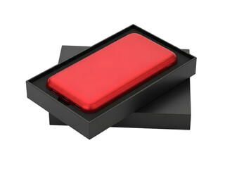 A red phone case in an open black box on transparent background