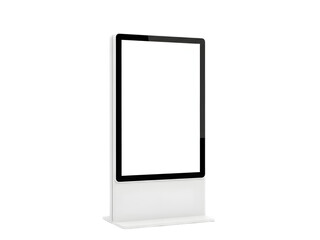 A sleek digital signage display on a white stand against a black background on transparent background