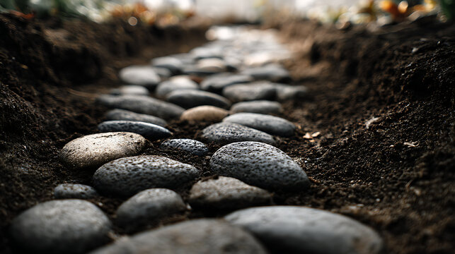 Macro view of a rustic garden stepping stone path embedded in rich, dark soil with shallow depth of field and bright background bokeh.