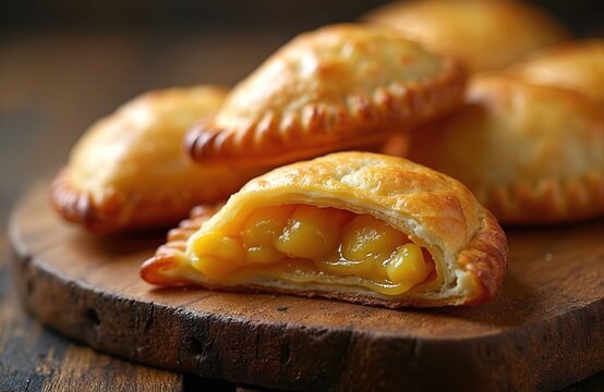 Golden baked Brazilian empadas filled with creamy yellow filling, arranged on wooden board. One pastry cut open, showing juicy interior texture. Appetizing snack, party food, and bakery item.
