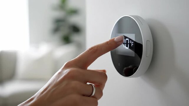 Close-up of person adjusting smart thermostat on wall to 72 degrees in modern home. Temperature control with technology and climate change awareness.
