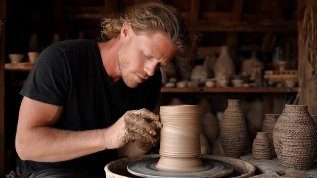 Medium shot highlighting a learners focused expression while throwing porcelain clay with spinning wheel soft bokeh of other ceramic projects and tools behind.