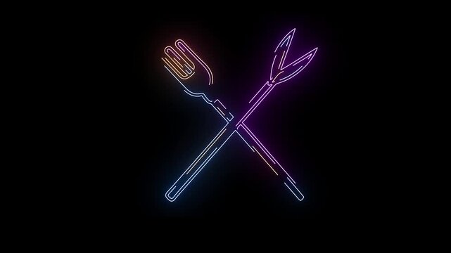 Crossed Neon Fork and Fish Bone Icon on Black Background image photo