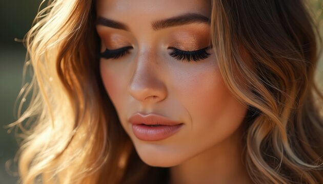 Woman with closed eyes, long wavy hair, and full mink lashes. Her makeup features a cat eye liner and soft brown eyeshadow. She has a natural skin tone and pink lips.