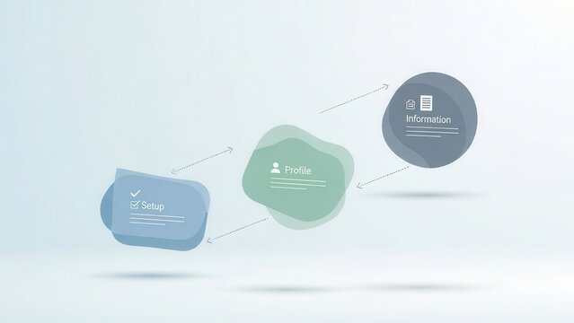 Modern, clean, and conceptual 3D rendered abstract workflow infographic featuring three translucent frosted glass-like amoeboid shapes in soft blue, green, and dark grey, sequentially illustrating a
