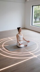 Young asian woman sitting in a quiet room practicing mindful meditation on a yoga mat, with glowing futuristic lines illustrating wellness tracking and energy fields