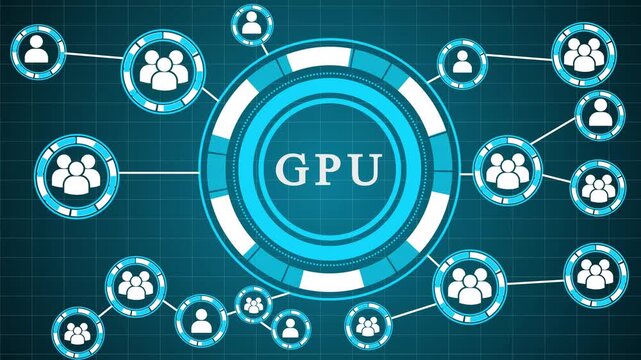 GPU Network Connection Diagram with People and Laptop Icons, Digital Data Flow and Technology Concept, Futuristic Blue Background,Abstract digital illustration of a GPU connected to a network.