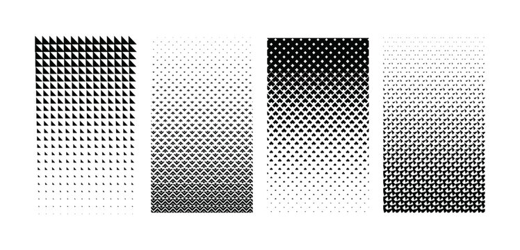 Abstract halftone geometric gradient triangle and rhombus shapes patterns set in black and white.