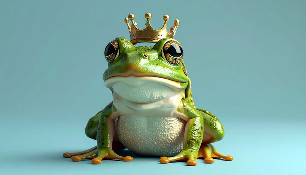 Green frog wearing golden crown royalty.