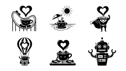 Obraz premium Coffee cup character illustrations collection with themed concepts like roller coaster beach vacation superhero persona hot air balloon and dj mixing