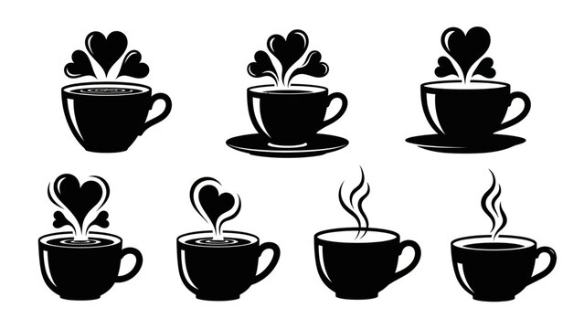 Heart shaped steam coffee cup vector icons romantic beverage mugs with heart smoke designs and steam swirls collection isolated on white back